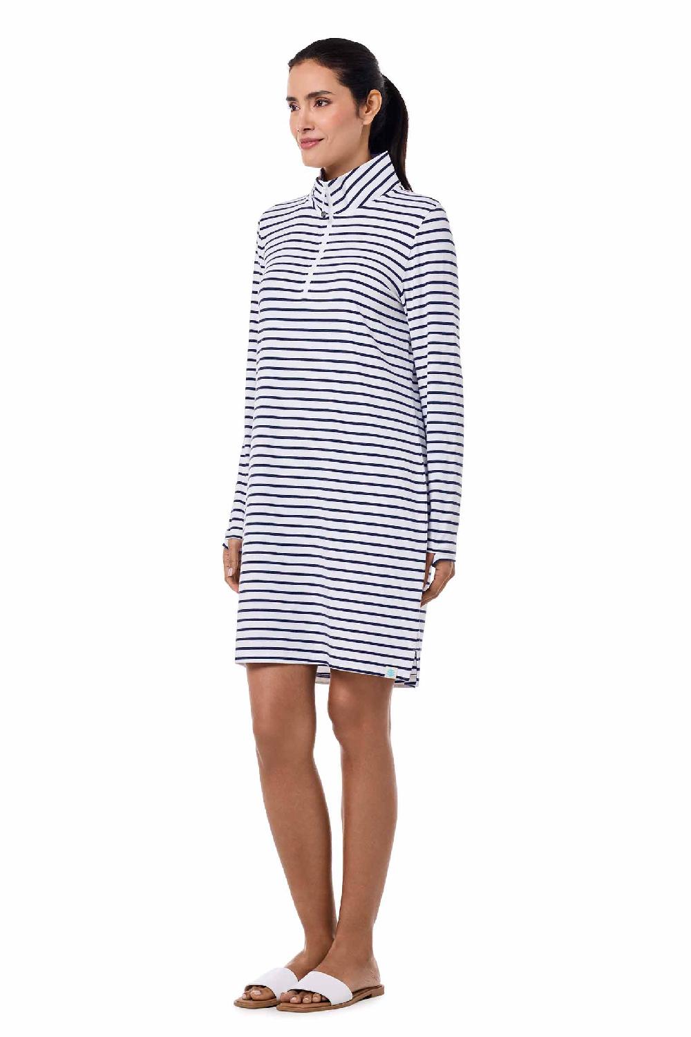 Coolibar Women's Sarasota Quarter-Zip Dress | White/Navy Stripe