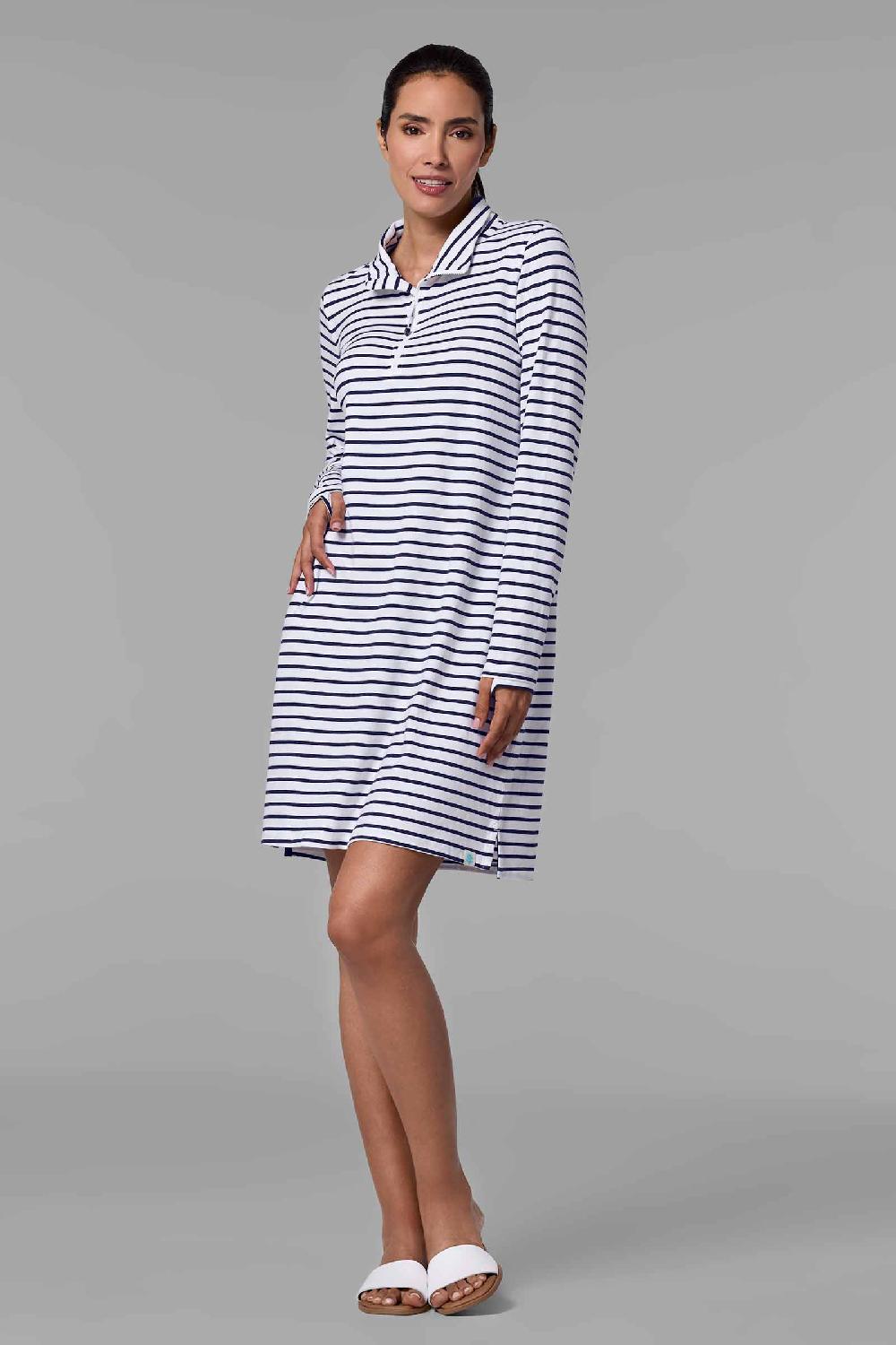 coolibar Women's Sarasota Quarter-Zip Dress | White/Navy Stripe