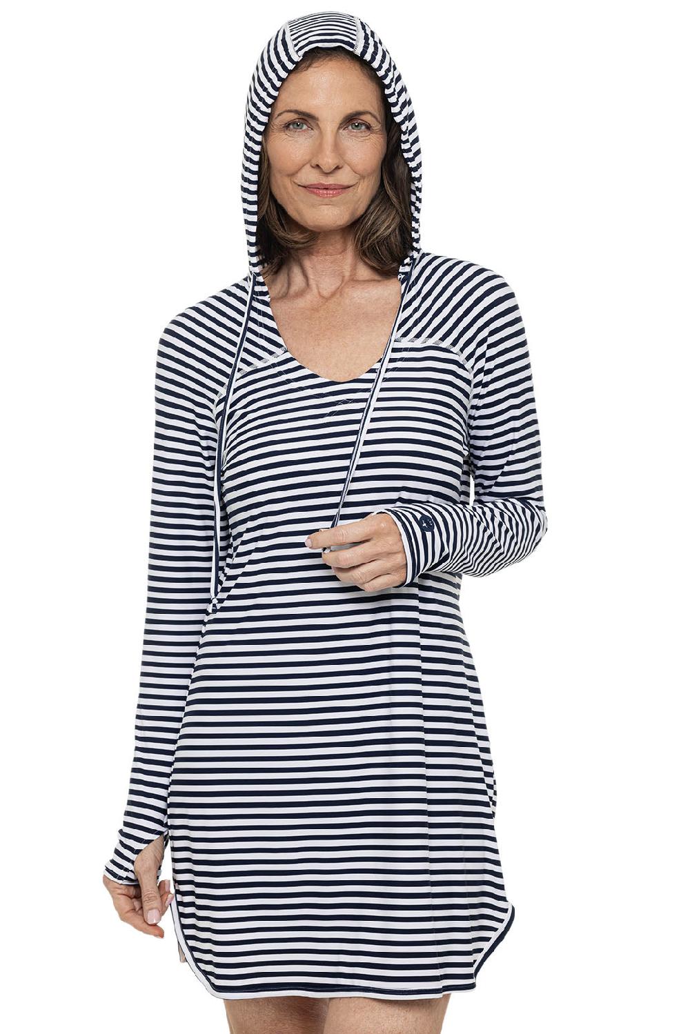 Coolibar Women's Seacoast Swim Cover-Up Dress | White/Navy Stripe