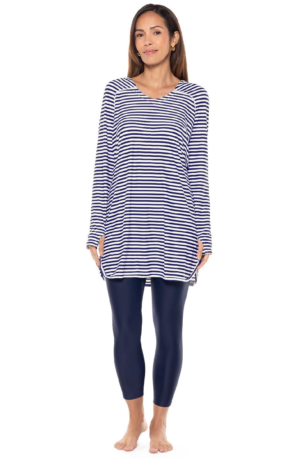 coolibar Women's Seacoast Swim Cover-Up Dress | White/Navy Stripe