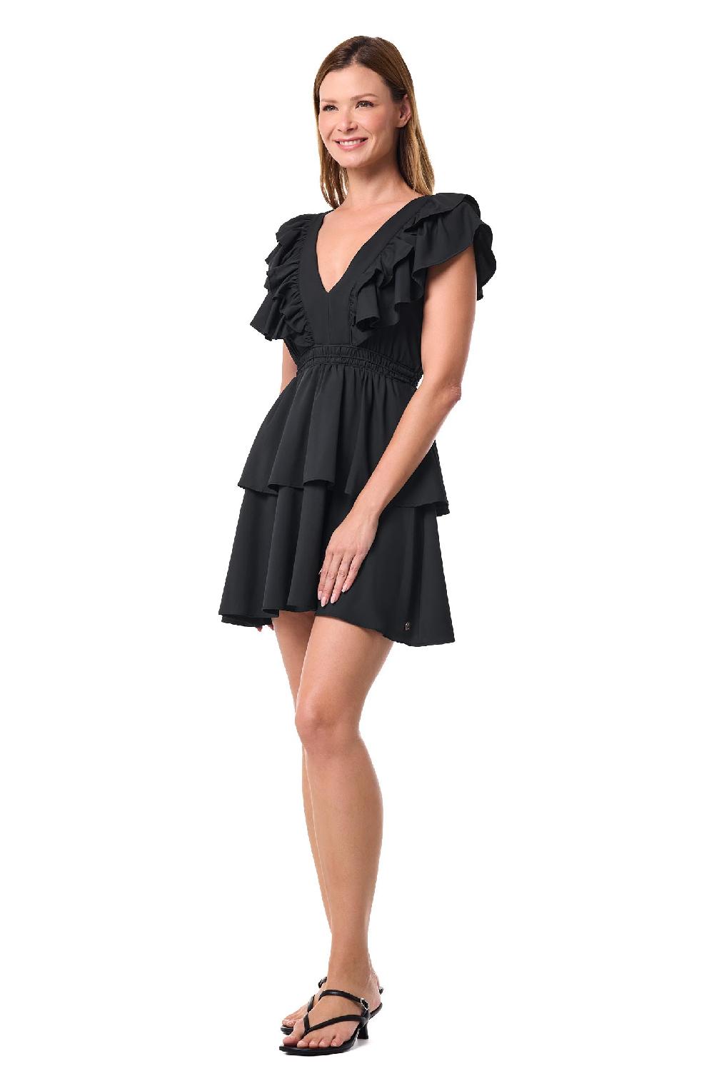 Coolibar Women's South Cove V-Neck Ruffle Dress | Black