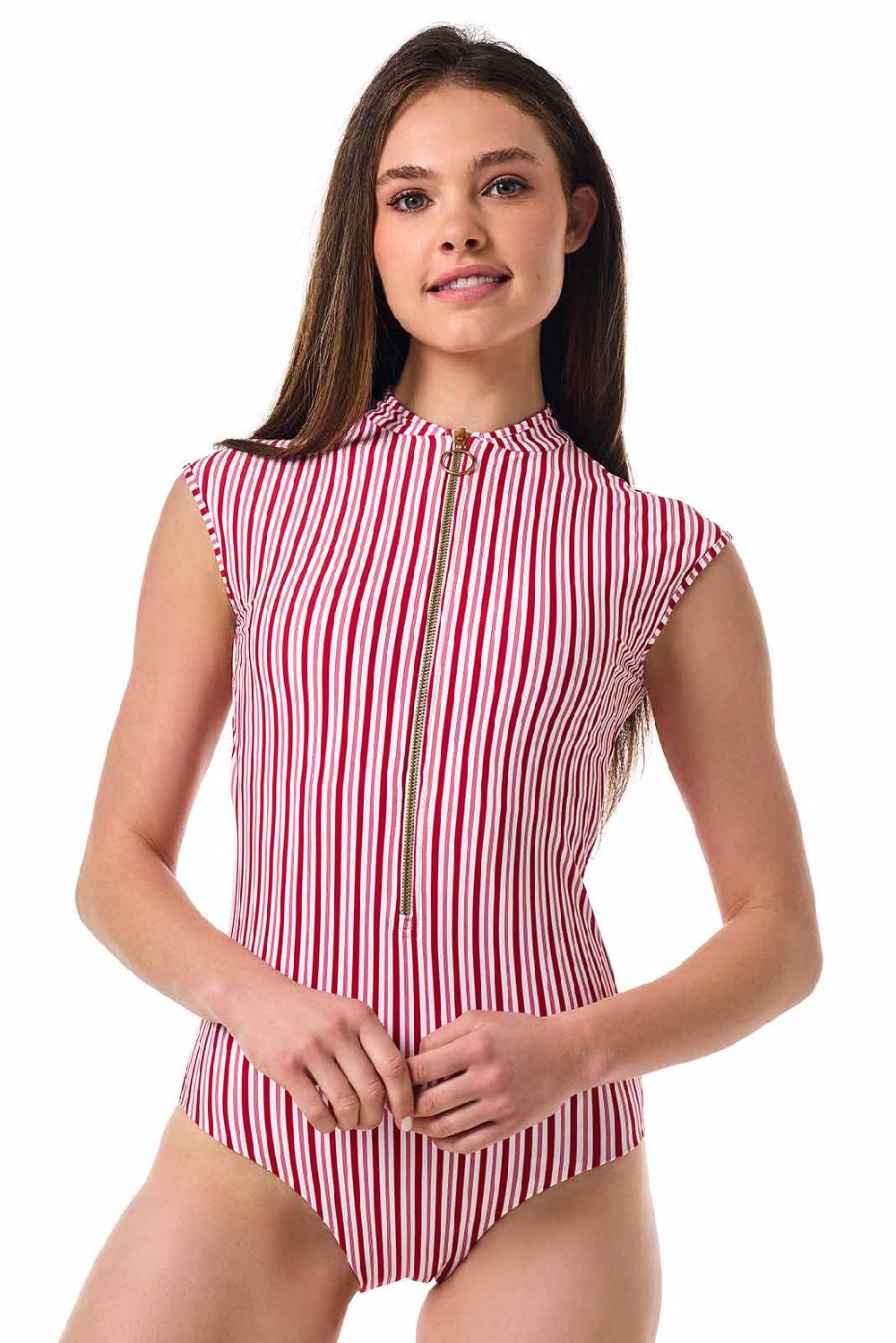 Coolibar Women's Sweetwater Cap Sleeve One Piece | Cherry Stripe