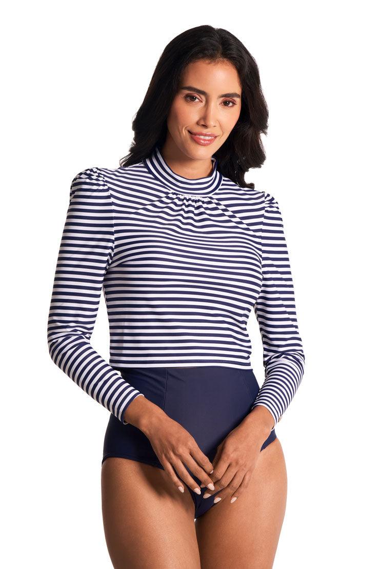 Coolibar Women's Toscana Puff Sleeve Swim Top | White/Navy Stripe