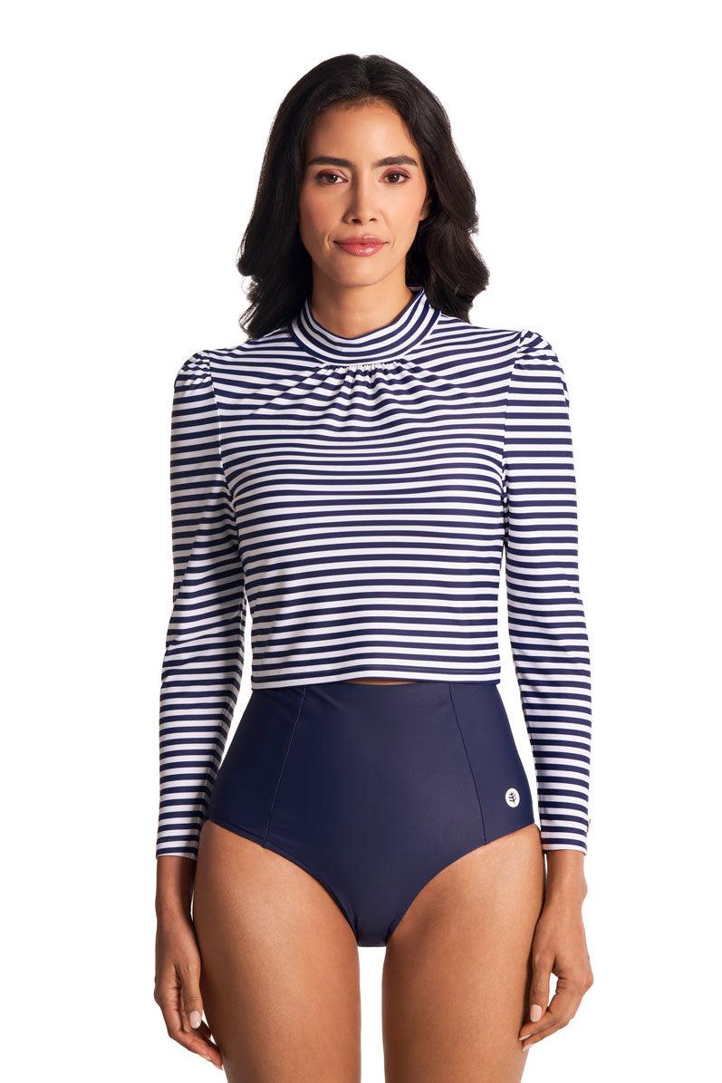 Coolibar Women's Toscana Puff Sleeve Swim Top | White/Navy Stripe
