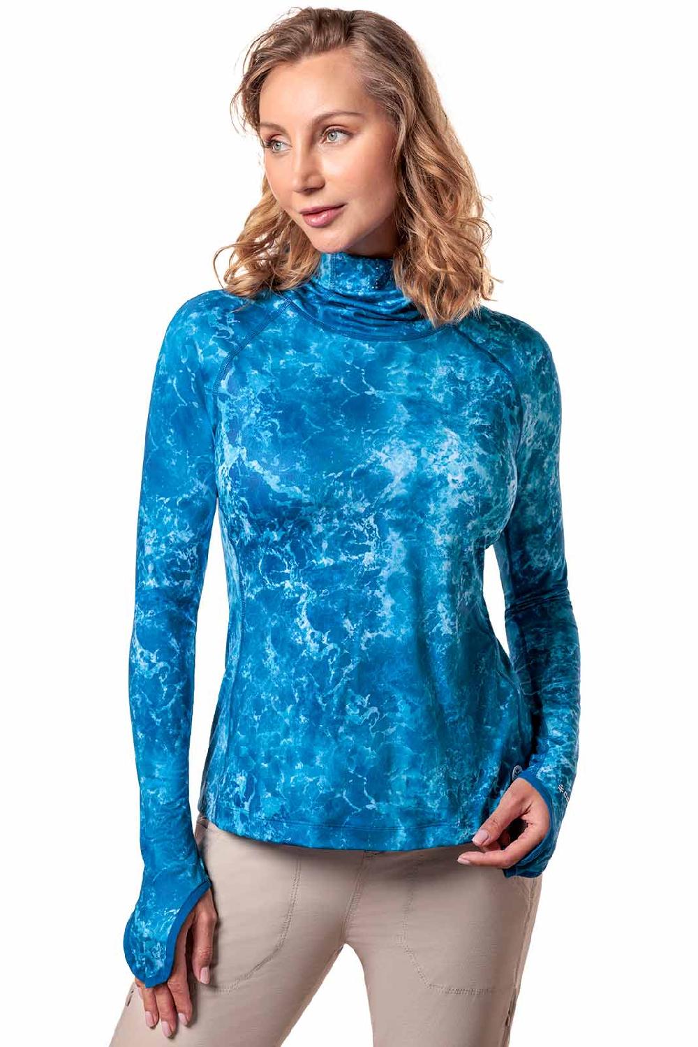 Coolibar Women's Vented Paros Fishing Hoodie | Blue Water Print