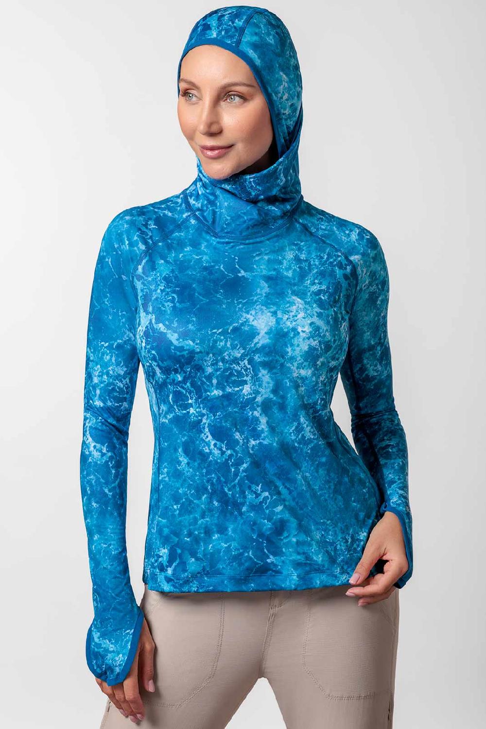 coolibar Women's Vented Paros Fishing Hoodie | Blue Water Print