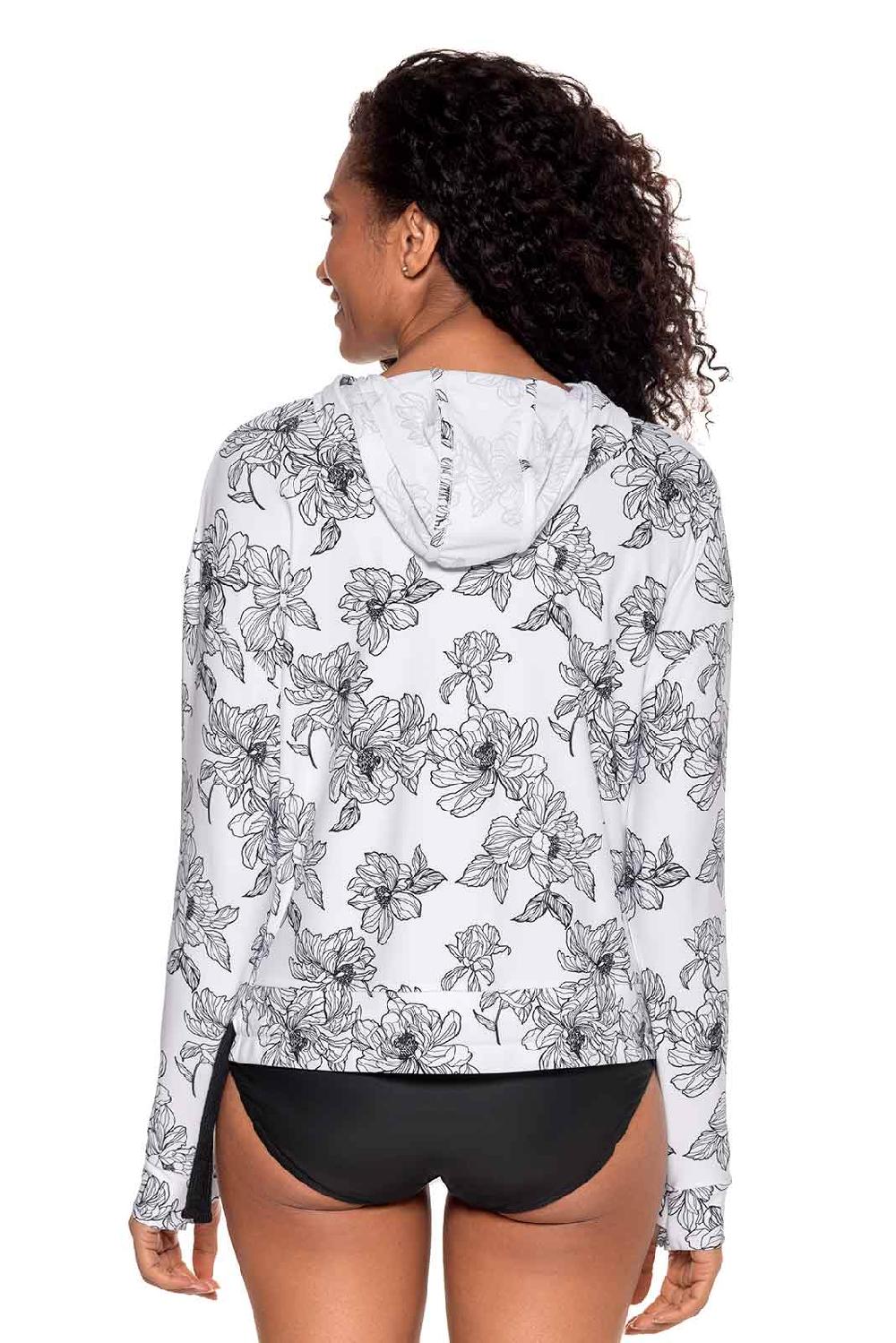 Coolibar Women's Waikal Swim Hoodie | White/Black Perfect Peony