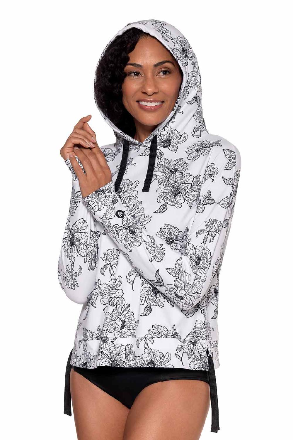 Coolibar Women's Waikal Swim Hoodie | White/Black Perfect Peony