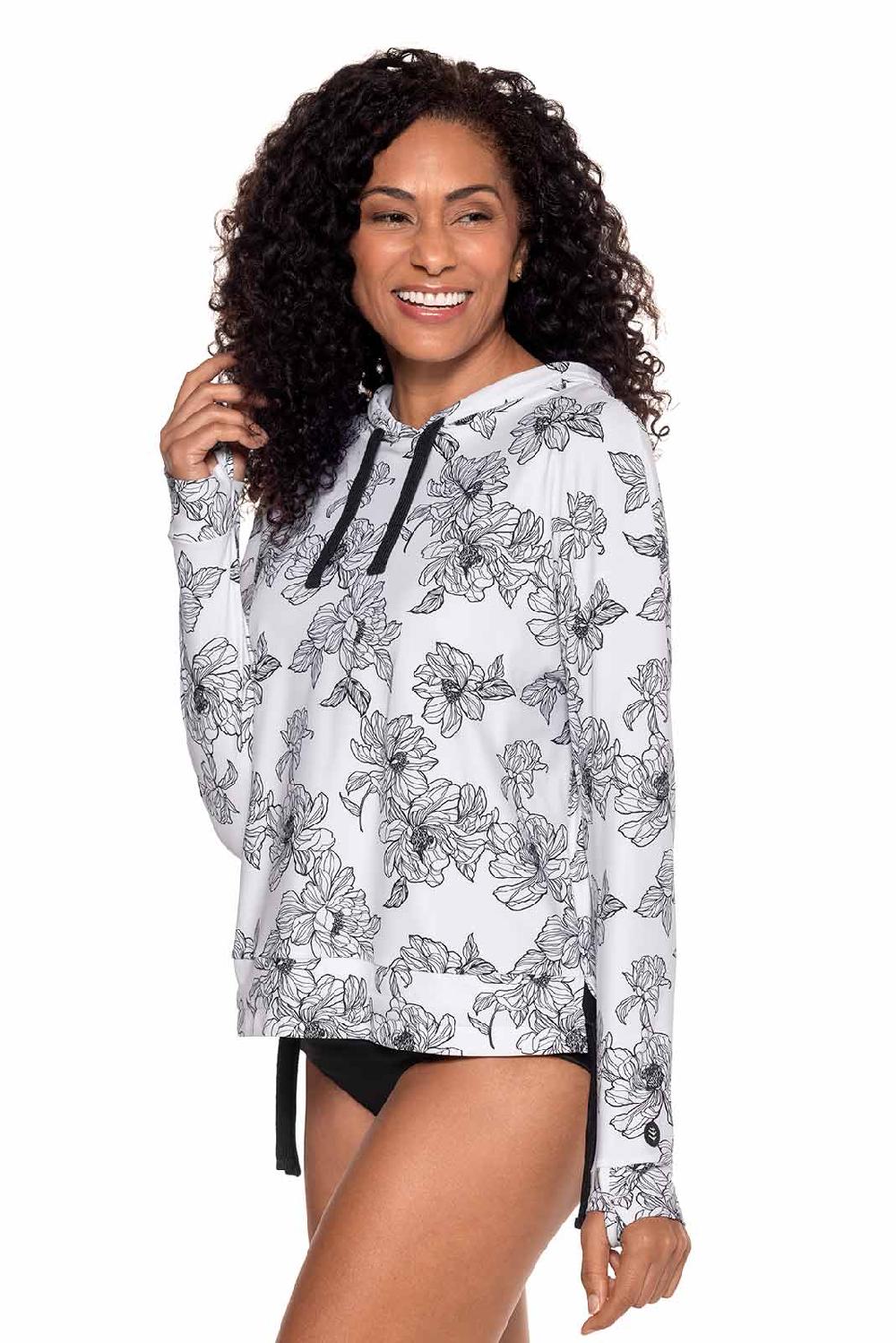 coolibar Women's Waikal Swim Hoodie | White/Black Perfect Peony