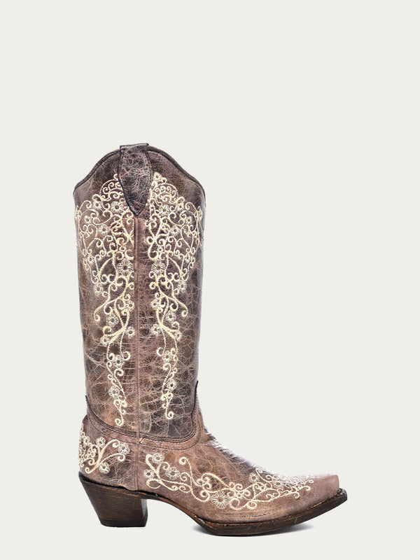 Corral Boots A1094 - WOMEN'S BONE COLOR FLORAL EMBROIDERY COWBOY BOOT