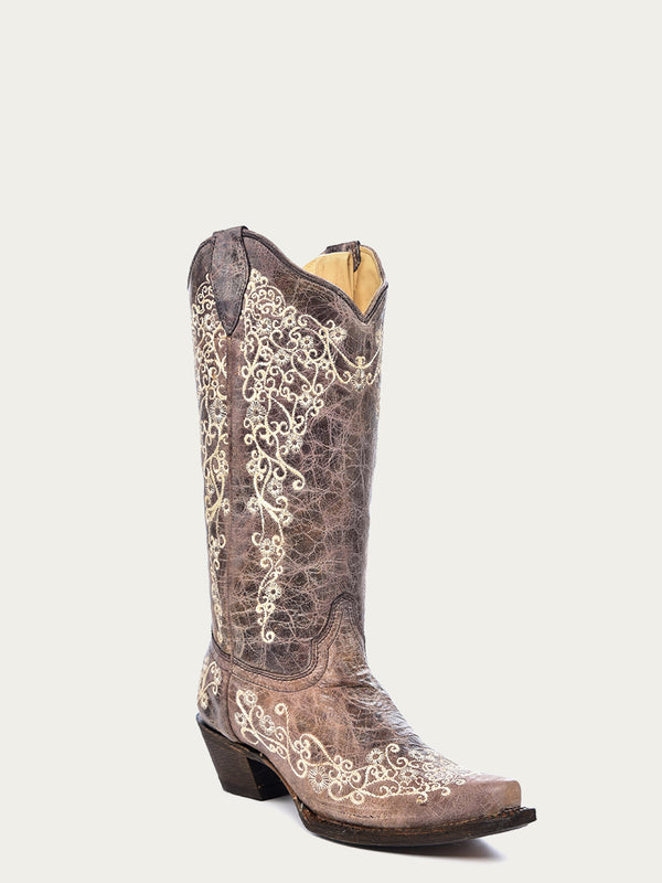 corral boots A1094 - WOMEN'S BONE COLOR FLORAL EMBROIDERY COWBOY BOOT