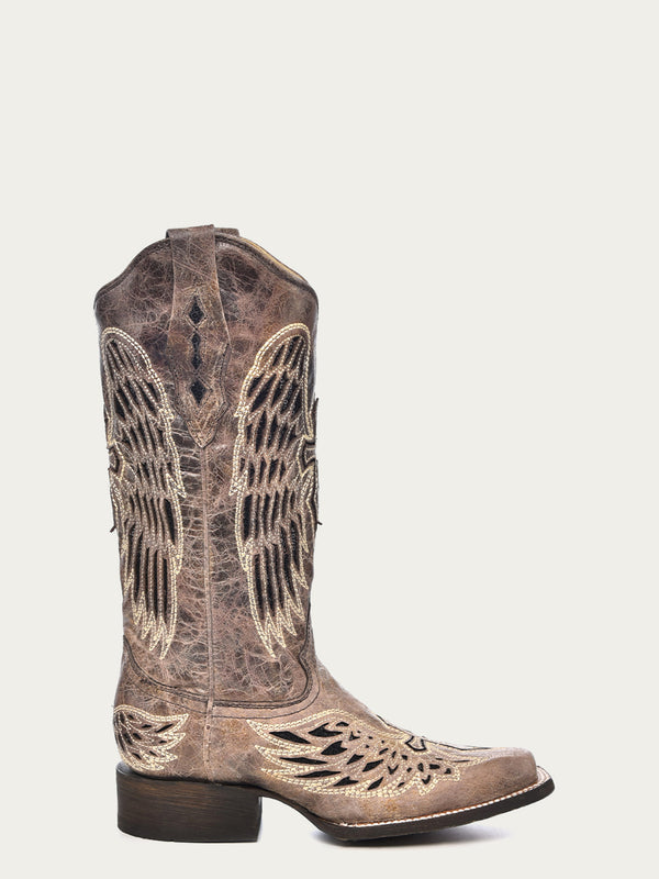 Corral Boots A1197 - WOMEN'S BLACK GLITTER INLAY CROSS AND WINGS EMBROIDERY SQUARE TOE COWBOY BOOT