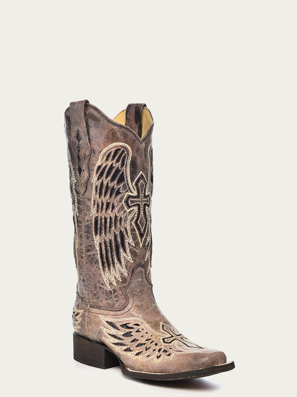 corral boots A1197 - WOMEN'S BLACK GLITTER INLAY CROSS AND WINGS EMBROIDERY SQUARE TOE COWBOY BOOT