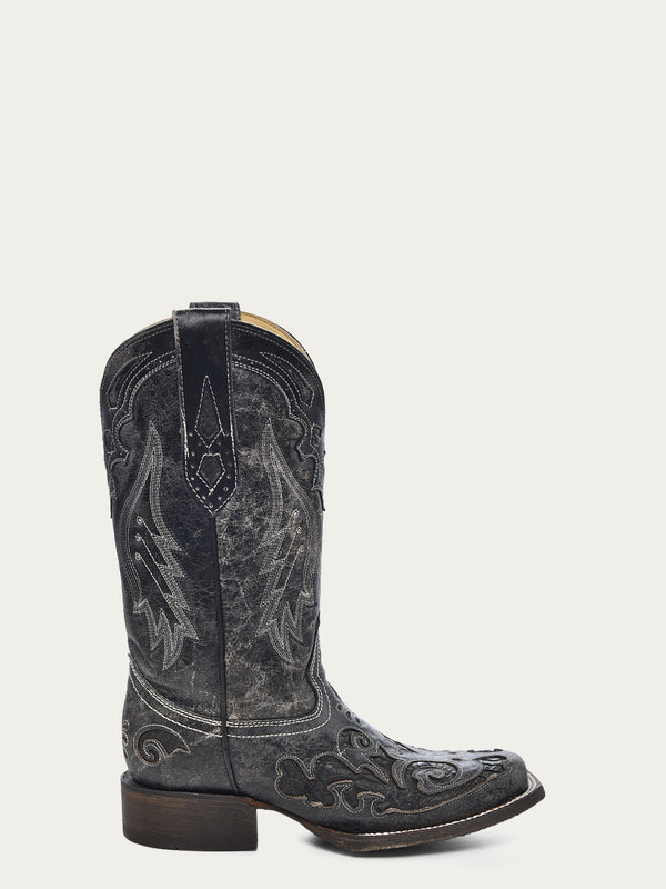 Corral Boots A2402 - WOMEN'S BLACK EMBROIDERY SNAKE INLAY SQUARE TOE COWBOY BOOT