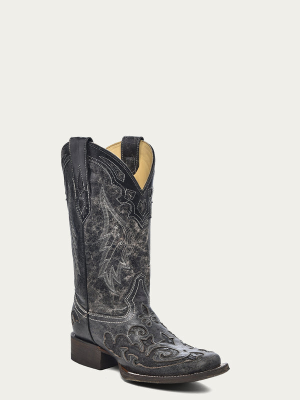 corral boots A2402 - WOMEN'S BLACK EMBROIDERY SNAKE INLAY SQUARE TOE COWBOY BOOT