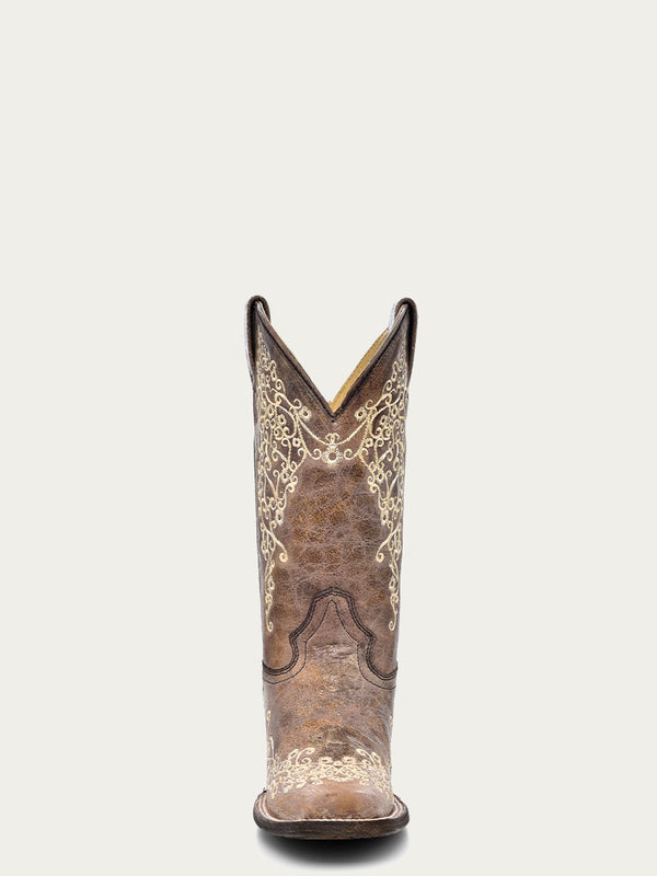 Corral Boots A2663 - WOMEN'S BONE COLOR FLORAL EMBROIDERY SQUARE TOE COWBOY BOOT