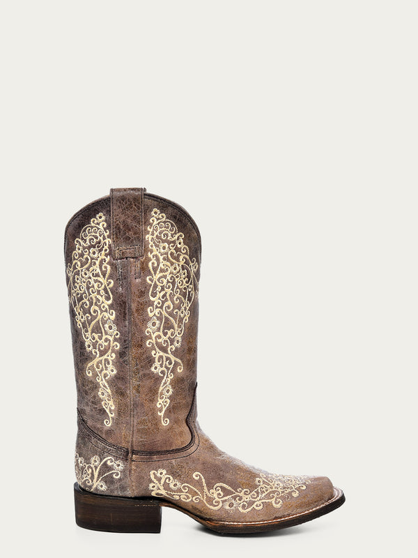 Corral Boots A2663 - WOMEN'S BONE COLOR FLORAL EMBROIDERY SQUARE TOE COWBOY BOOT