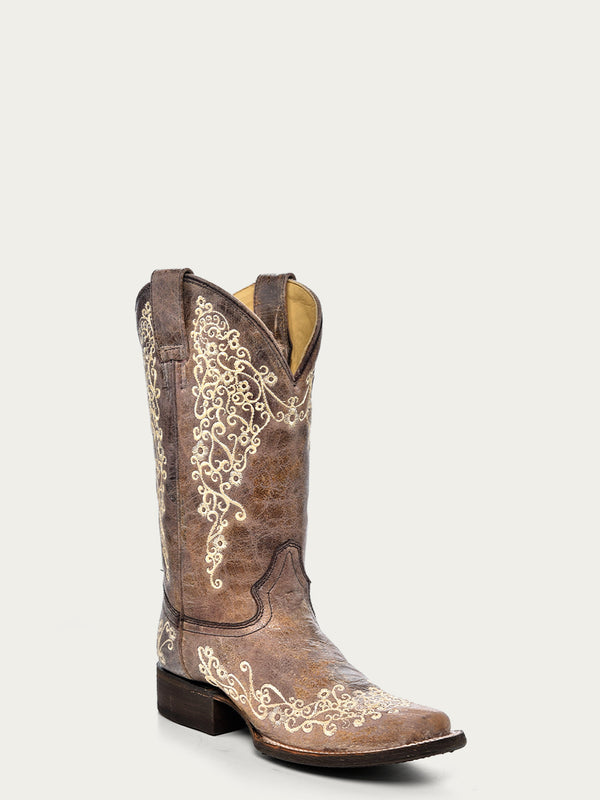 corral boots A2663 - WOMEN'S BONE COLOR FLORAL EMBROIDERY SQUARE TOE COWBOY BOOT