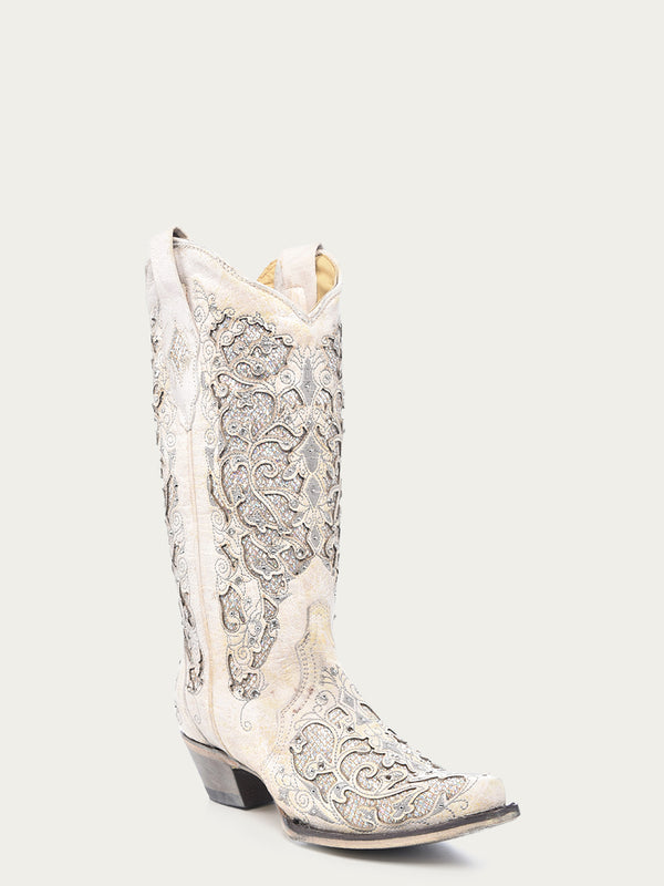 corral boots A3322 - WOMEN'S WHITE GLITTERED INLAY AND CRYSTALS SNIP TOE WEDDING COWBOY BOOT