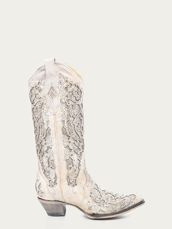 Corral Boots A3322 - WOMEN'S WHITE GLITTERED INLAY AND CRYSTALS SNIP TOE WEDDING COWBOY BOOT