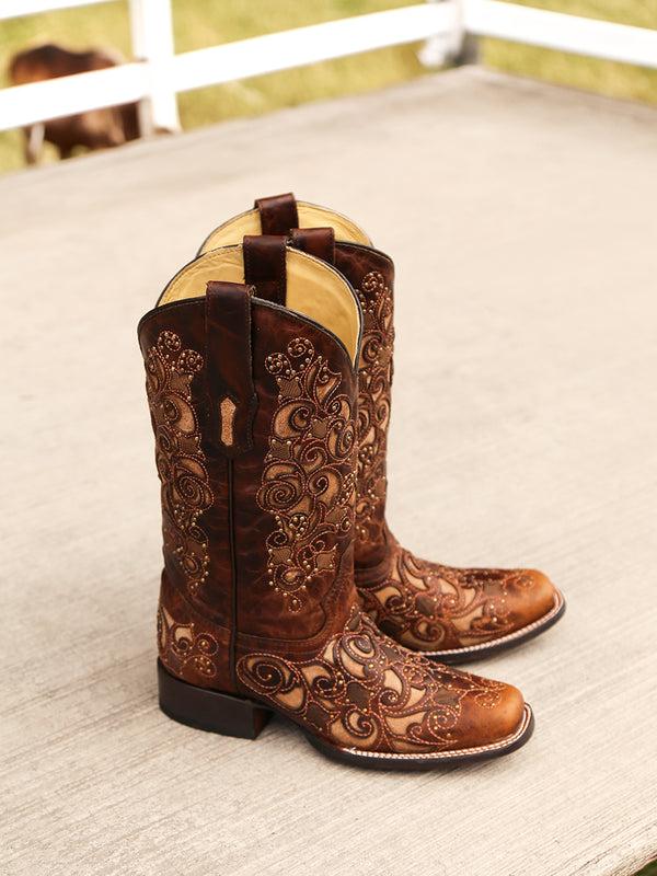 Corral Boots A3326 - WOMEN'S TAN INLAY EMBROIDERY AND STUDS BROWN SQUARE TOE COWBOY BOOT