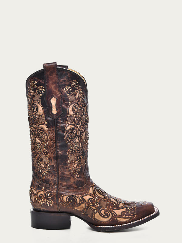 Corral Boots A3326 - WOMEN'S TAN INLAY EMBROIDERY AND STUDS BROWN SQUARE TOE COWBOY BOOT