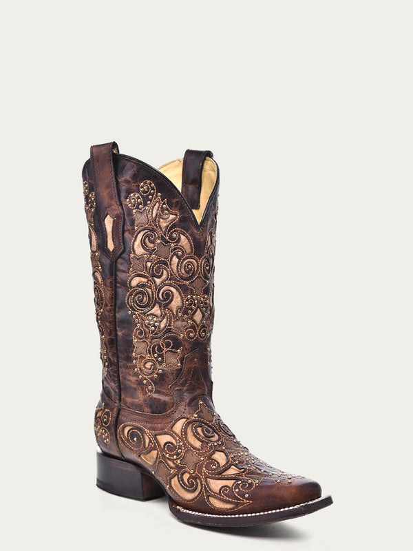 corral boots A3326 - WOMEN'S TAN INLAY EMBROIDERY AND STUDS BROWN SQUARE TOE COWBOY BOOT