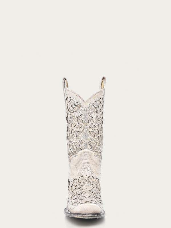 Corral Boots A3397 - WOMEN'S WHITE GLITTERED INLAY AND CRYSTALS SQUARE TOE WEDDING COWBOY BOOT