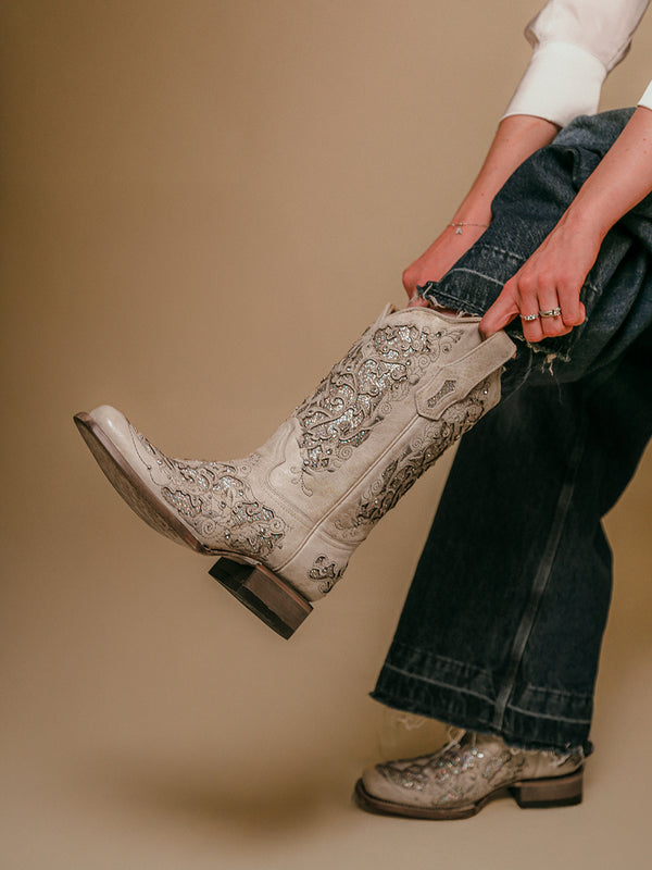 Corral Boots A3397 - WOMEN'S WHITE GLITTERED INLAY AND CRYSTALS SQUARE TOE WEDDING COWBOY BOOT