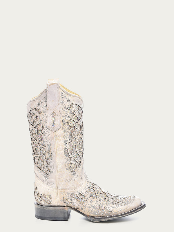 Corral Boots A3397 - WOMEN'S WHITE GLITTERED INLAY AND CRYSTALS SQUARE TOE WEDDING COWBOY BOOT
