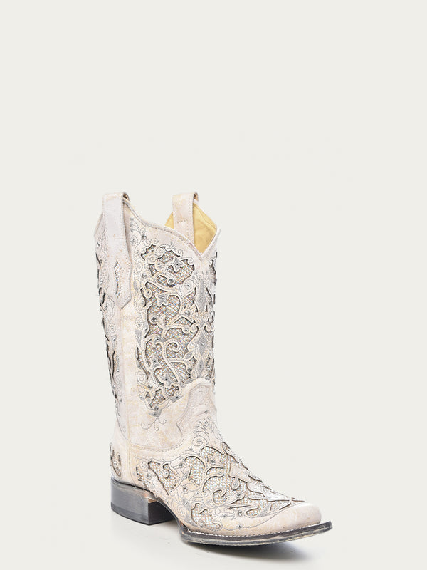 corral boots A3397 - WOMEN'S WHITE GLITTERED INLAY AND CRYSTALS SQUARE TOE WEDDING COWBOY BOOT