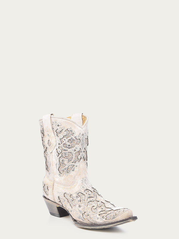 corral boots A3550 - WOMEN'S WHITE GLITTERED INLAY AND CRYSTALS SNIP TOE WEDDING COWBOY BOOTIE