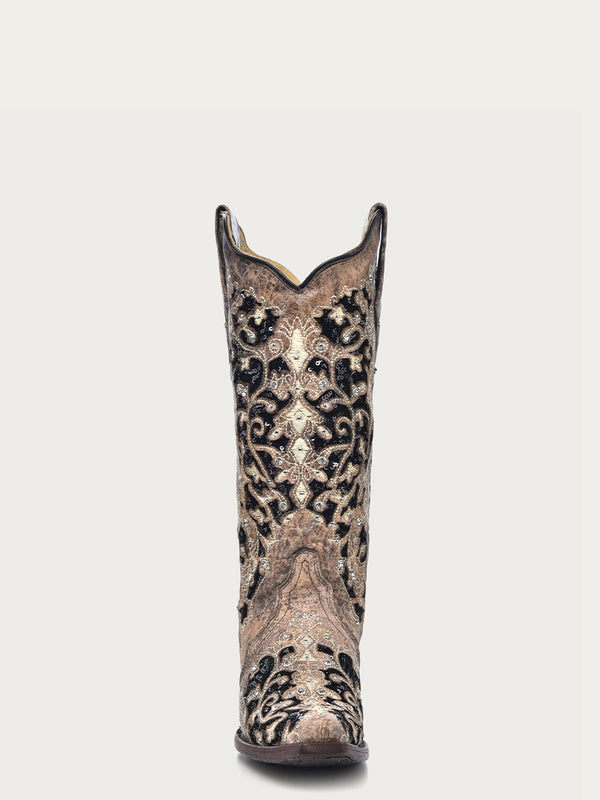 Corral Boots A3569 - WOMEN'S BLACK GLITTER INLAY FLORAL OVERLAY WITH CRYSTALS AND STUDS SNIP TOE BROWN COWBOY BOOT