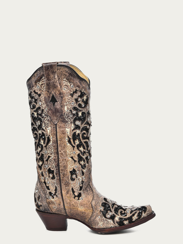 Corral Boots A3569 - WOMEN'S BLACK GLITTER INLAY FLORAL OVERLAY WITH CRYSTALS AND STUDS SNIP TOE BROWN COWBOY BOOT