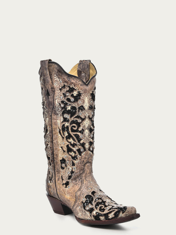 corral boots A3569 - WOMEN'S BLACK GLITTER INLAY FLORAL OVERLAY WITH CRYSTALS AND STUDS SNIP TOE BROWN COWBOY BOOT