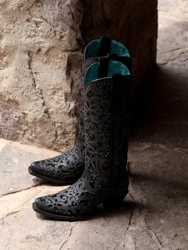 Corral Boots A3589 - WOMEN'S BLACK GLITTER INLAY FLORAL OVERLAY WITH CRYSTALS AND STUDS SNIP TOE TALL TOP BLACK COWBOY BOOT