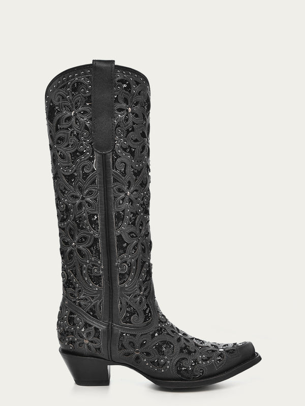 Corral Boots A3589 - WOMEN'S BLACK GLITTER INLAY FLORAL OVERLAY WITH CRYSTALS AND STUDS SNIP TOE TALL TOP BLACK COWBOY BOOT