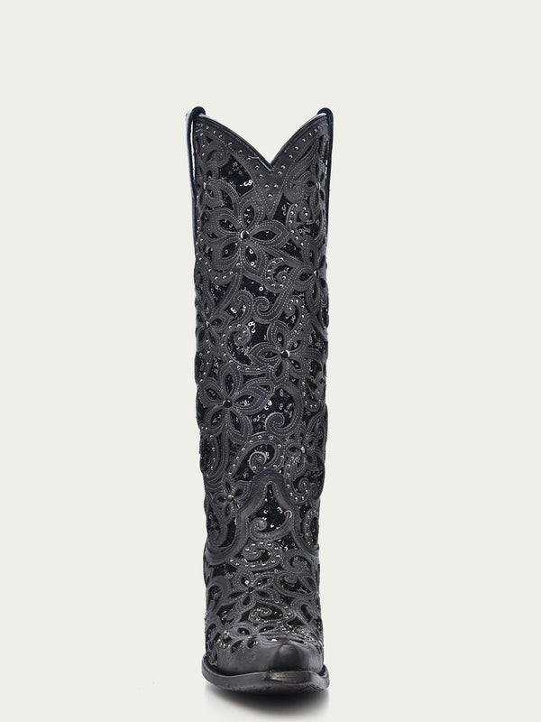 Corral Boots A3589 - WOMEN'S BLACK GLITTER INLAY FLORAL OVERLAY WITH CRYSTALS AND STUDS SNIP TOE TALL TOP BLACK COWBOY BOOT