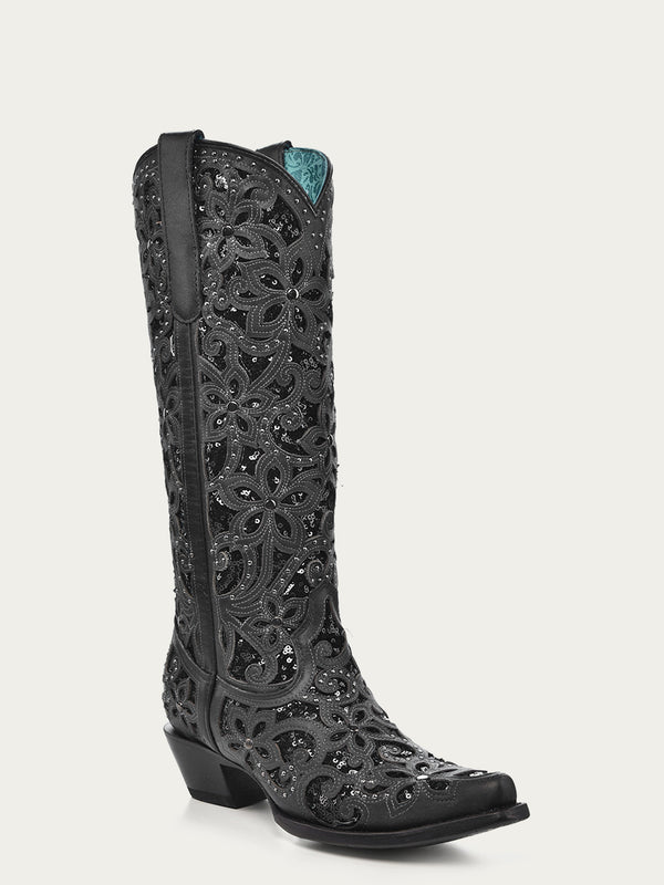 corral boots A3589 - WOMEN'S BLACK GLITTER INLAY FLORAL OVERLAY WITH CRYSTALS AND STUDS SNIP TOE TALL TOP BLACK COWBOY BOOT