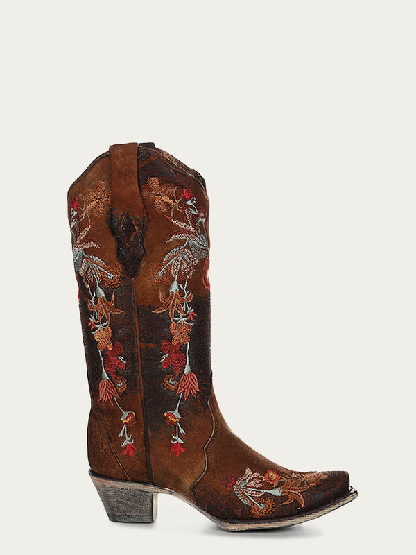 Corral Boots A3597 - WOMEN'S MULTICOLOR FLORAL EMBROIDERY CHOCOLATE LAMB SNIP TOE COWBOY BOOT