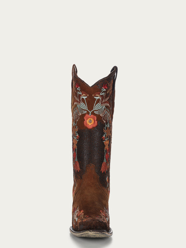 Corral Boots A3597 - WOMEN'S MULTICOLOR FLORAL EMBROIDERY CHOCOLATE LAMB SNIP TOE COWBOY BOOT