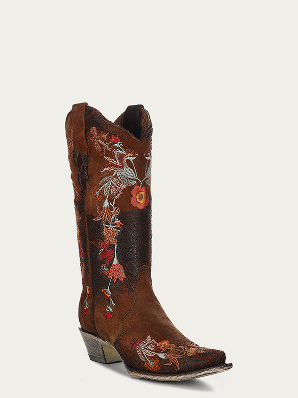 corral boots A3597 - WOMEN'S MULTICOLOR FLORAL EMBROIDERY CHOCOLATE LAMB SNIP TOE COWBOY BOOT