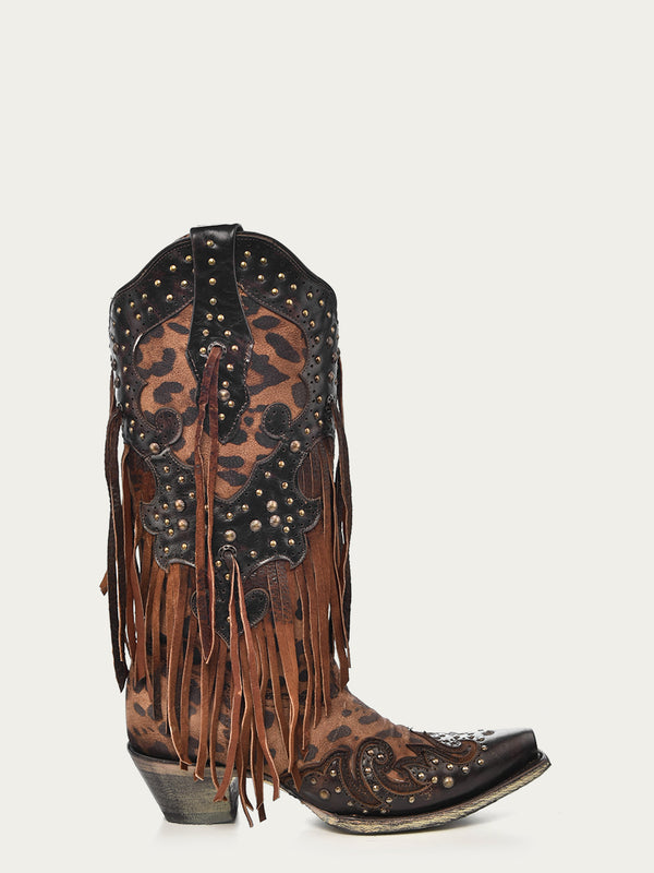 Corral Boots A3618 - WOMEN'S LEOPARD PRINT WITH FRINGE AND STUDS SNIP TOE COWBOY BOOT