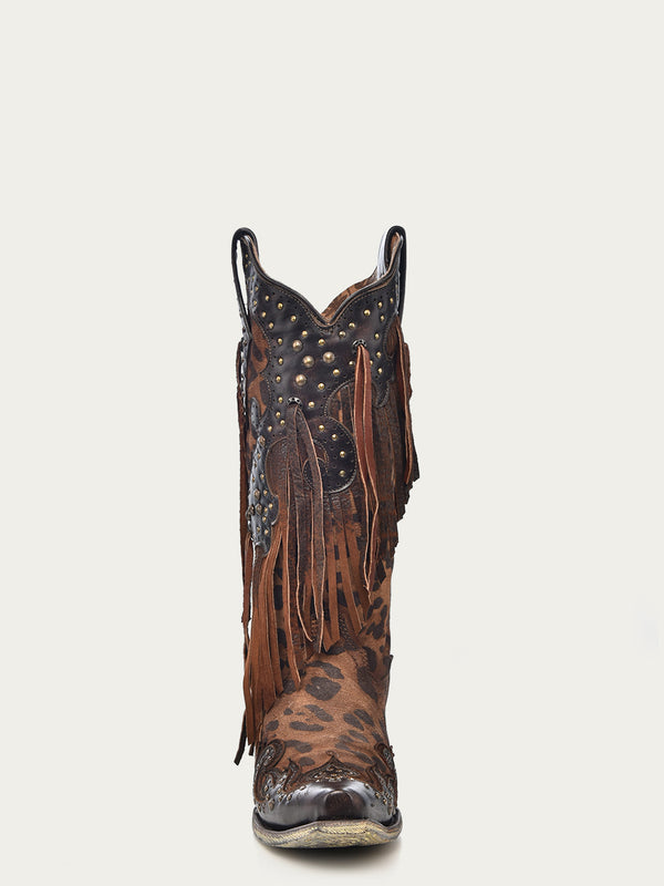 Corral Boots A3618 - WOMEN'S LEOPARD PRINT WITH FRINGE AND STUDS SNIP TOE COWBOY BOOT
