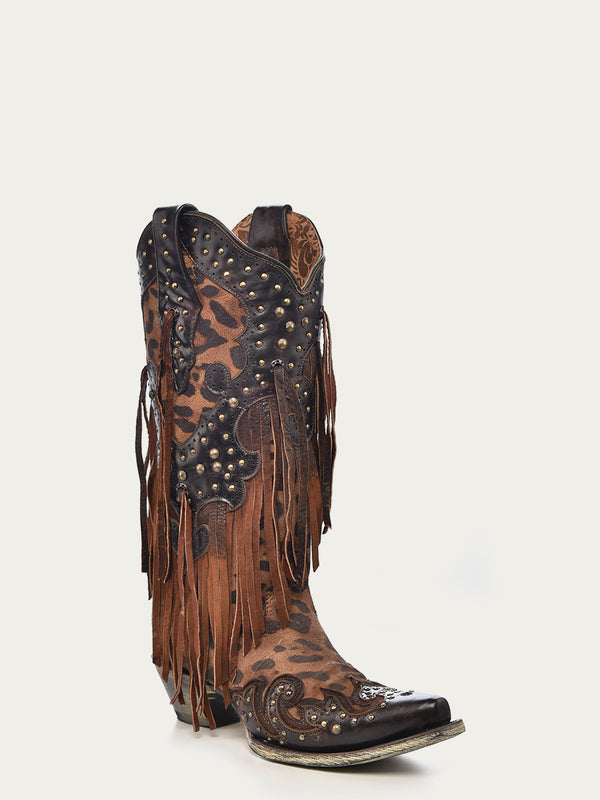 corral boots A3618 - WOMEN'S LEOPARD PRINT WITH FRINGE AND STUDS SNIP TOE COWBOY BOOT
