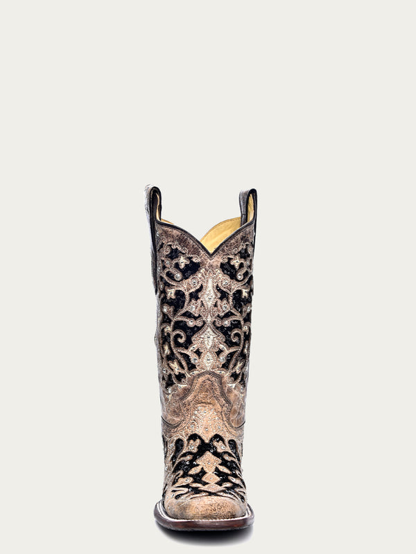 Corral Boots A3648 - WOMEN'S BLACK GLITTER INLAY FLORAL OVERLAY WITH CRYSTALS AND STUDS SQUARE TOE BROWN COWBOY BOOT