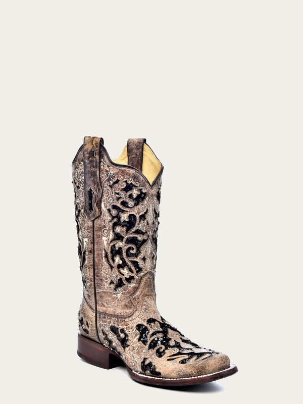 corral boots A3648 - WOMEN'S BLACK GLITTER INLAY FLORAL OVERLAY WITH CRYSTALS AND STUDS SQUARE TOE BROWN COWBOY BOOT