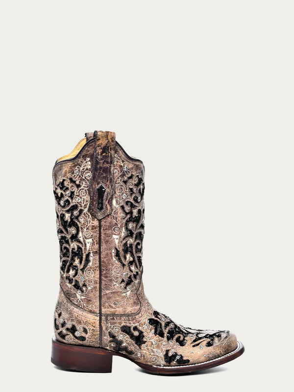 Corral Boots A3648 - WOMEN'S BLACK GLITTER INLAY FLORAL OVERLAY WITH CRYSTALS AND STUDS SQUARE TOE BROWN COWBOY BOOT