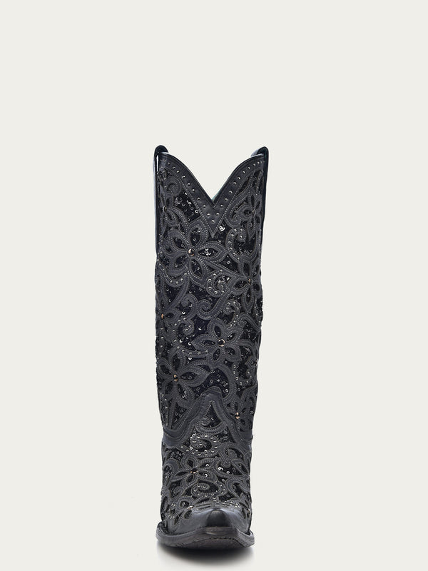 Corral Boots A3752 - WOMEN'S BLACK GLITTER INLAY FLORAL OVERLAY WITH CRYSTALS AND STUDS SNIP TOE BLACK COWBOY BOOT
