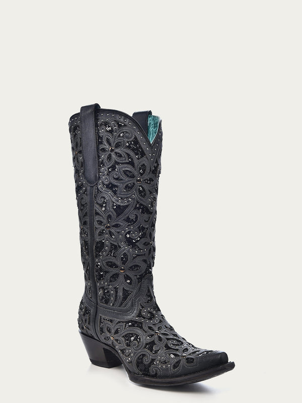 corral boots A3752 - WOMEN'S BLACK GLITTER INLAY FLORAL OVERLAY WITH CRYSTALS AND STUDS SNIP TOE BLACK COWBOY BOOT corral boots A3752 - WOMEN'S BLACK GLITTER INLAY FLORAL OVERLAY WITH CRYSTALS AND STUDS SNIP TOE BLACK COWBOY BOOT